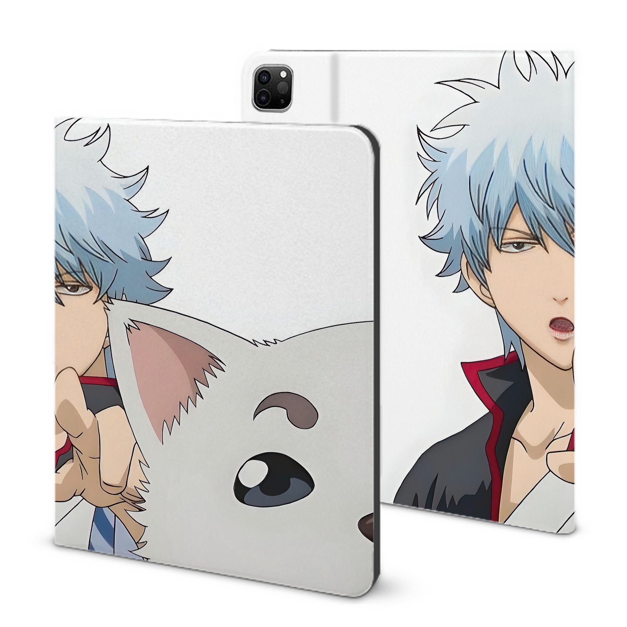 ぎんたま 坂田銀時（さかたぎんとき） 神楽 志村新八（しむら しんぱち） GINTAMA Sakata Gintoki Kagura Shimura Shinpachi IPad ケース ブック型 PUレザー TPU 耐衝撃 軽量 薄型 ペン収納なし 全面保護 IPad 各モデル対応